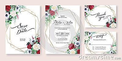 Wedding Invitation, save the date, thank you, RSVP card Design template. Winter flower, red and white rose, Watercolor style. Vector Illustration