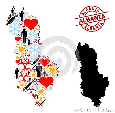 Grunge Albania Stamp and Frost People Infection Treatment Collage Map of Albania Vector Illustration