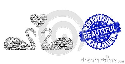 Rubber Beautiful Round Seal Stamp and Fractal Love Swans Icon Collage Vector Illustration