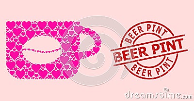 Rubber Beer Pint Stamp and Pink Love Heart Coffee Cup Collage Vector Illustration