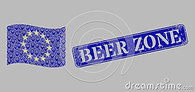 Rubber Beer Zone Badge and Navigation Waving Europe Flag - Mosaic with Route Marks Vector Illustration