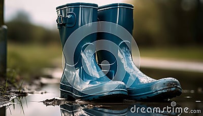 Rubber boots splashing through wet autumn mud generated by AI Stock Photo