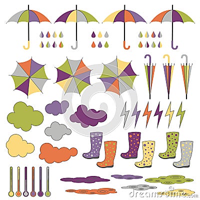 Rubber boots, umbrellas, rain. Vector set. Vector Illustration