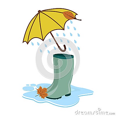 Rubber boots under an umbrella from which it is raining, vector illustration autumn day rubber birch boots umbrella Vector Illustration