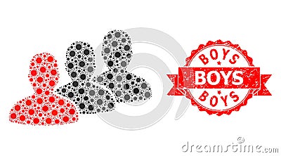 Rubber Boys Stamp and Covid Virus Mosaic Men Group Vector Illustration