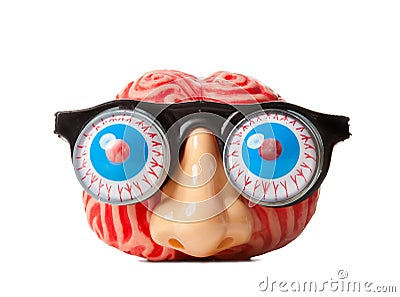 Rubber brain with funny nose and glasses. Stock Photo