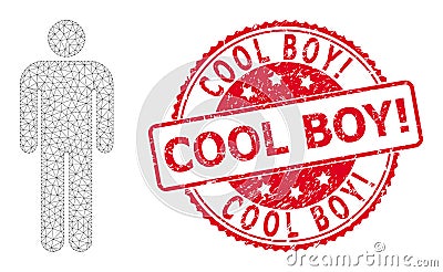 Rubber Cool Boy! Round Seal Stamp and Mesh Wireframe Person Vector Illustration
