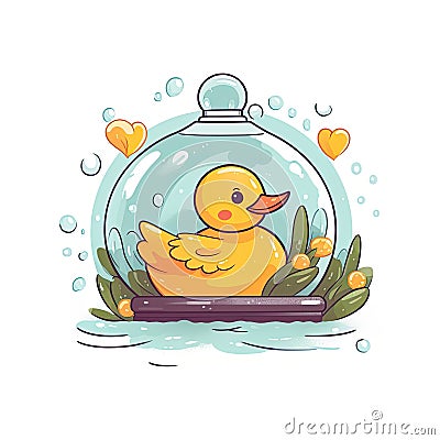 Rubber duck logo for children's companies and other promotional materials. A cute rubber duck under a glass dome Stock Photo