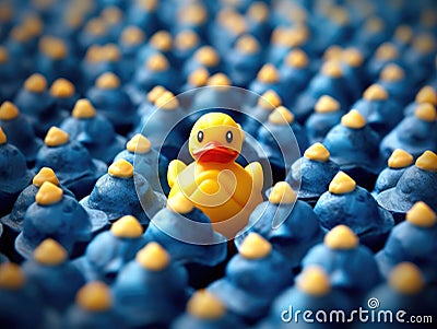 Rubber duck is standing in middle of group of blue cupcakes Stock Photo