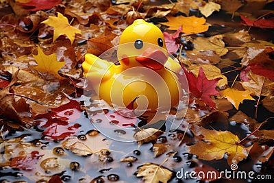 a rubber duck surrounded by autumn leaves in a puddle Stock Photo