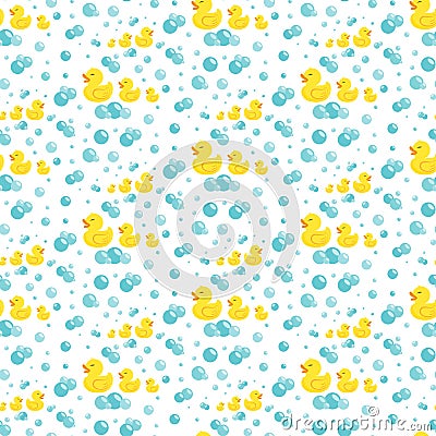 Rubber ducks in soap bubbles. Seamless pattern. Cartoon Illustration