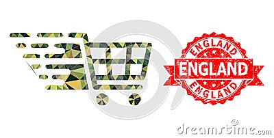 Rubber England Stamp And Supermarket Cart Polygonal Mocaic Military Camouflage Icon Vector Illustration