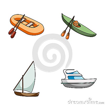 A rubber fishing boat, a kayak with oars, a fishing schooner, a motor yacht.Ships and water transport set collection Vector Illustration