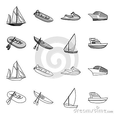 A rubber fishing boat, a kayak with oars, a fishing schooner, a motor yacht.Ships and water transport set collection Vector Illustration