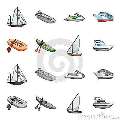 A rubber fishing boat, a kayak with oars, a fishing schooner, a motor yacht.Ships and water transport set collection Vector Illustration