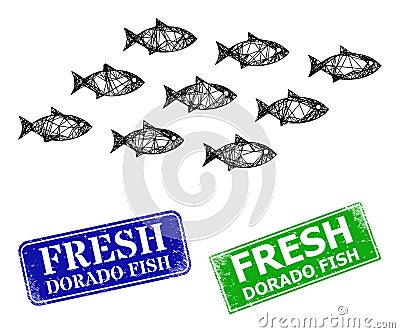 Rubber Fresh Dorado Fish Stamp Seals and Polygonal Mesh School of Fish Icon Vector Illustration