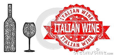 Rubber Italian Wine Stamp Seal and Hatched Wine Glassware Icon Vector Illustration