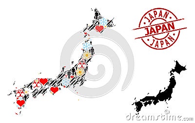 Rubber Japan Stamp and Lovely People Covid-2019 Treatment Collage Map of Japan Vector Illustration