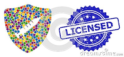 Rubber Licensed Seal and Bright Colored Mosaic Shield Vaccine Vector Illustration