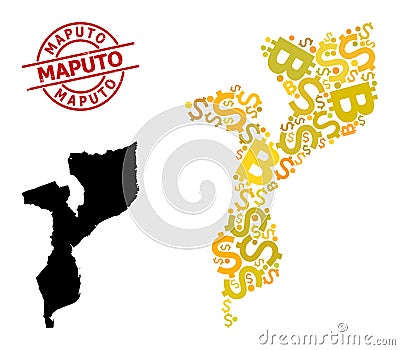 Rubber Maputo Badge with Money and Bitcoin Gold Collage Map of Mozambique Vector Illustration