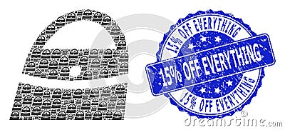 Rubber 15 percent Off Everything Round Stamp and Recursion Shopping Bag Icon Collage Vector Illustration