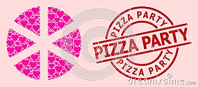 Grunge Pizza Party Badge and Pink Love Heart Pizza Mosaic Vector Illustration