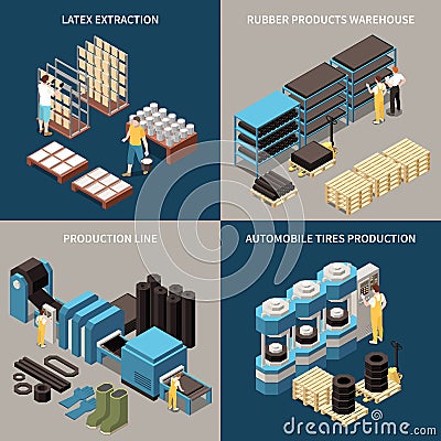 Rubber Production Technology 2x2 Concept Vector Illustration