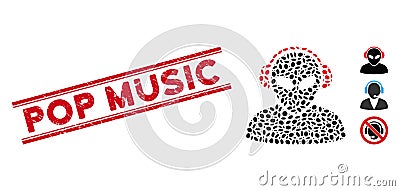 Distress Pop Music Line Seal and Mosaic Alien Operator Icon Stock Photo