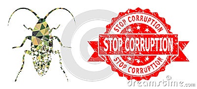 Rubber Stop Corruption Seal and Damaged Cockroach Polygonal Mocaic Military Camouflage Icon Vector Illustration