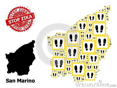 Rubber Stop Zika Badge and San Marino Map Mosaic of Stay Here Icons Vector Illustration