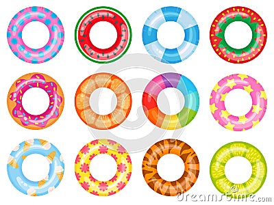 Rubber swimming ring. Pink lifesaver, summer swimming pool floating rings. Rainbow rescue ring top view cartoon vector Vector Illustration