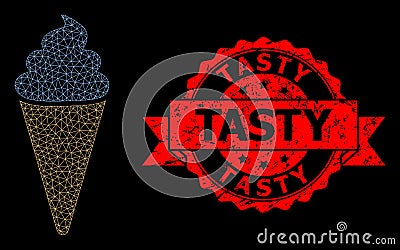 Rubber Tasty Stamp Seal and Polygonal Net Ice Cream Vector Illustration