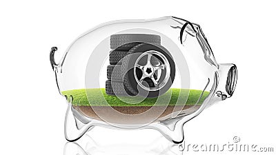 Rubber tire inside transparent piggy bank. 3d rendering Stock Photo