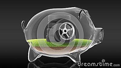 Rubber tire inside transparent piggy bank. 3d rendering Stock Photo