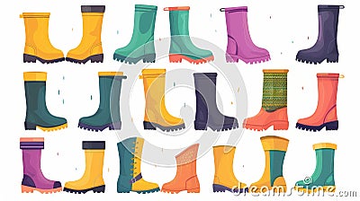 Rubber wellies and gumboots for rainy weather. Trendy water-resistant footwear with a trendy style. Flat modern Cartoon Illustration