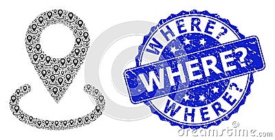 Rubber Where Question Round Stamp and Fractal Location Icon Collage Vector Illustration