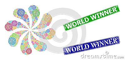 Rubber World Winner Stamps and Sphere Icon Multicolored Swirl Abstract Flower Vector Illustration