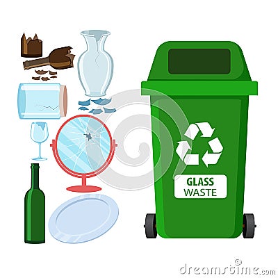 Rubbish bin for recycling different types of waste. Garbage container for glass trash vector infographics Vector Illustration