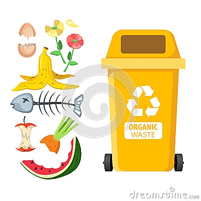 Rubbish bin for recycling different types of waste. Garbage container for organic trash vector infographics Vector Illustration