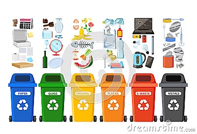 Rubbish bins for recycling different types of waste. Garbage containers vector infographics Vector Illustration