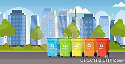 Rubbish containers different types of recycling bins segregate waste sorting management environment protection concept Vector Illustration