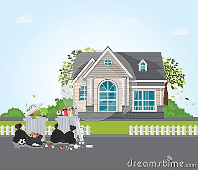 Rubbish and dirty area at the street of the village. Vector Illustration