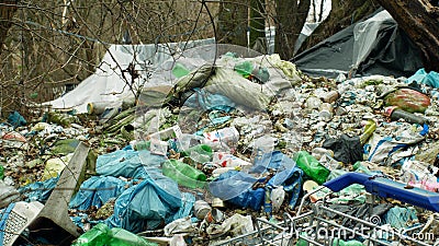 OLOMOUC, CZECH REPUBLIC, JANUARY 2, 2019: Rubbish forest shopping cart black dump waste and landscape garbage bags of Editorial Stock Photo