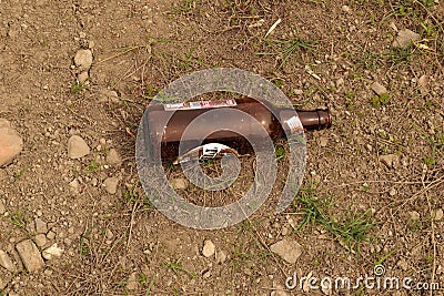 Rubbish in nature. Nature pollution of a glass bottle Stock Photo