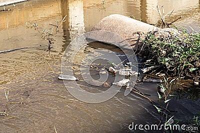 Rubbish plastic bottles discarded in the river Stock Photo