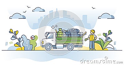 Rubbish removal truck and daily waste disposal management outline concept Vector Illustration