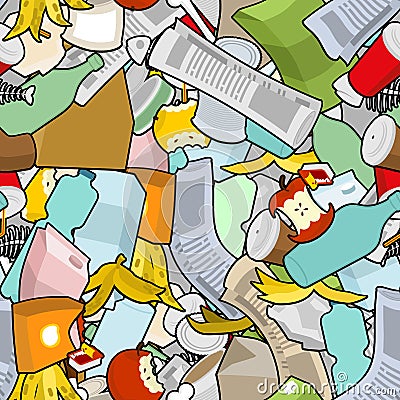 Rubbish seamless pattern. Garbage texture. trash ornament. litter background. peel from banana and stub. Tin and old newspaper. B Vector Illustration