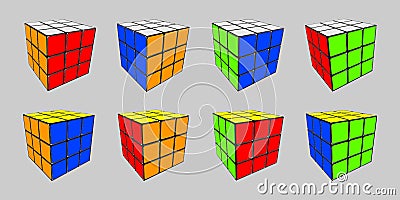 Rubik cube in 8 positions Vector Illustration