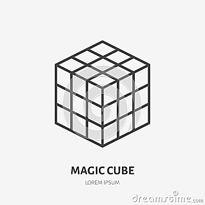 Rubik magic cube flat line icon. Puzzle game vector illustration. Sign for kids shop Vector Illustration