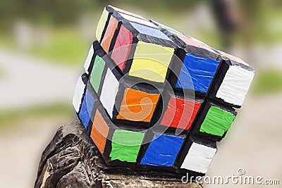 The Rubik`s cube on blurred background. Rubik`s cube was invented by Hungarian architect Erno Rubik in 1974. Editorial Stock Photo